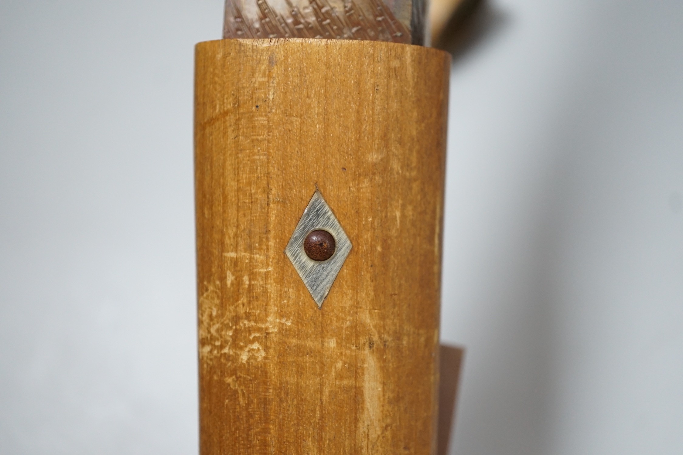 A Japanese Yoroi-doshi (armour piercer) type tanto with horn inlaid wood handle. 47cm total length including saya